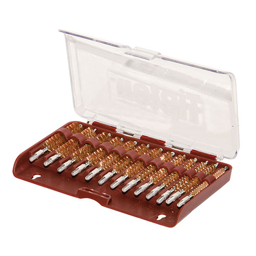 Das Tipton 13-teilige Bronze-Bürsten-Set bietet kaliberspezifische Bürsten in einer robusten Box, ideal für die Reinigung von .17 bis .45 Kaliber Gewehren.