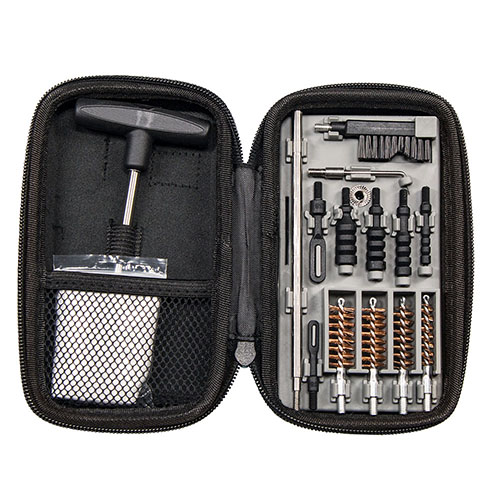 Il Kit di Pulizia per Pistole Compatto Tipton è ideale per calibro .22-.45, portatile e resistente, perfetto per viaggi, al poligono o a casa.