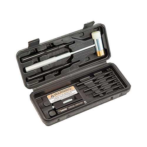 Le kit Wheeler Delta Series AR 15 te permet d'installer tous les roll pins sans abîmer ton arme, avec des outils spécialisés et des poinçons en acier.