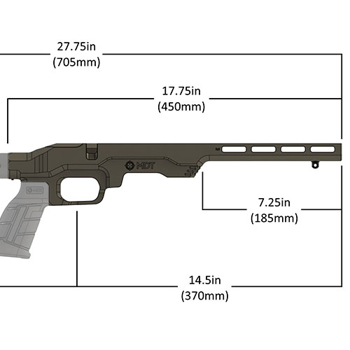 Das MDT LSS-RF Gen 2 Chassis System ist leicht, kompakt und kompatibel mit 22LR/17 HMR Gewehren, ideal für individuelle Anpassungen mit AR-Pistolengriff und Schulterstütze.