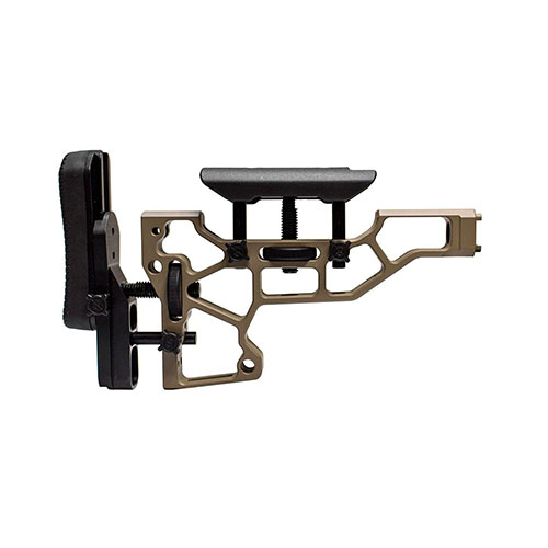 L'MDT Rifle Stock per chassis ACC/ESS offre regolazioni senza attrezzi per un comfort ottimale, con adattamenti orizzontali, verticali e di cant per una vestibilità perfetta.