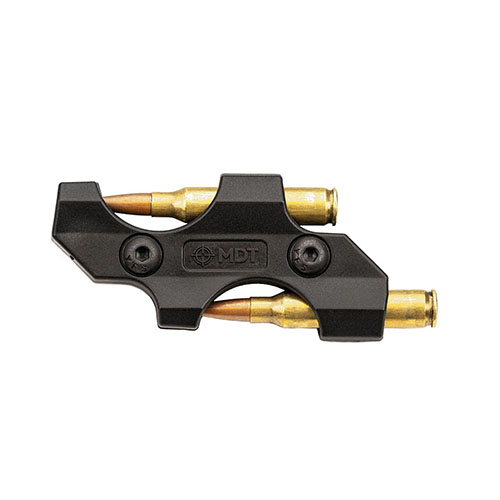 Avec le MDT M-LOK Spare Round Holder, tu peux stocker 2 cartouches supplémentaires sur le côté de ton fusil, pratique pour un accès rapide en situation de tir.