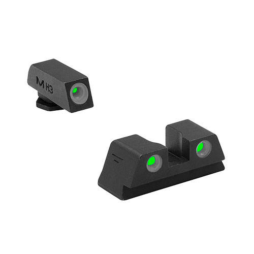Les MEPRO Tru-Dot offrent une visibilité optimale avec des points blancs lumineux pour le jour et une illumination tritium verte la nuit, sans besoin de batteries.