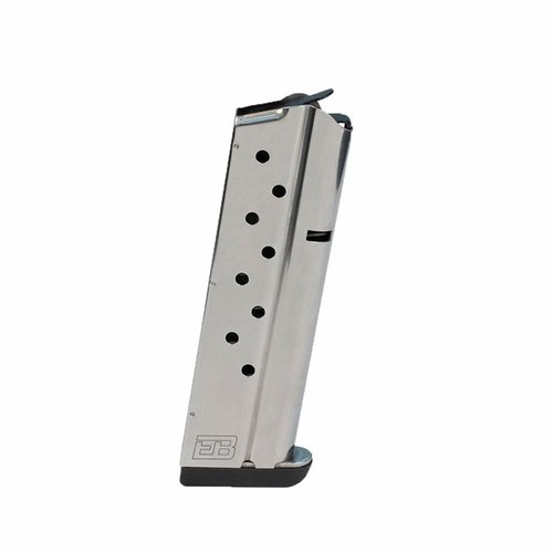 Caricatore 1911 in acciaio inox, 9 colpi, con base saldata, finitura Silver o Black Nitride, progettato per massima affidabilità e prestazioni elevate.