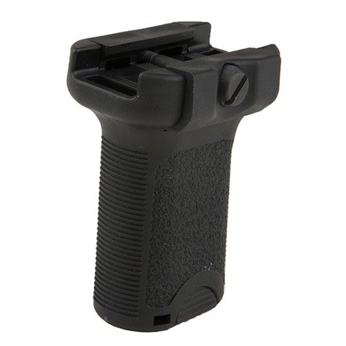 Le grip vertical court en polymère se fixe sur le rail Picatinny, offrant un meilleur contrôle, sans s'accrocher, avec rangement pour accessoires.