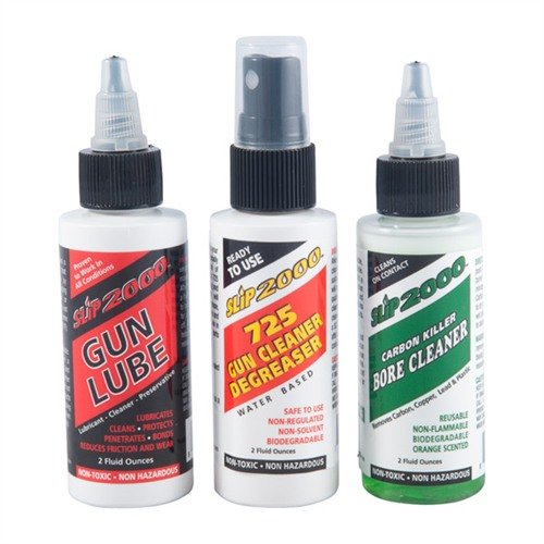 Il pacchetto SLiP 2000 include 3 flaconi da 2 oz. di Cleaner/Degreaser, Carbon Killer e Gun Lube, per una pulizia efficace e sicura delle armi.