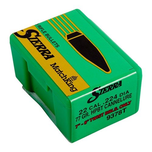 Le pallottole MatchKing® 22 Cal (.224) 77gr HPBT con cannelure offrono prestazioni balistiche superiori per competizioni di tiro a lungo raggio.