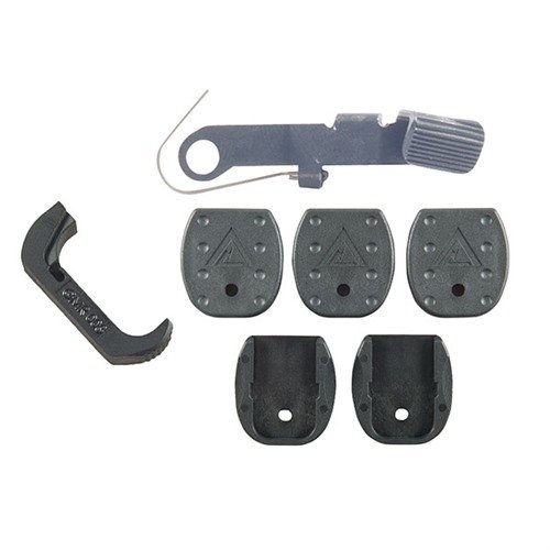 Das VICKERS GLOCK ACCESSORY PACK bietet einen verlängerten Magazinrelease für schnelle Wechsel, rutschfeste Bodenplatten und ein verbessertes Daumenpad für mehr Komfort.