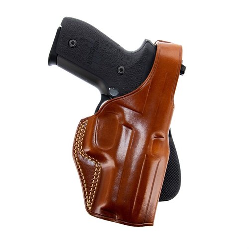 Le holster PLE Paddle en cuir de saddle premium te permet un accès rapide grâce à sa sangle de rétention et se fixe facilement à une ceinture jusqu'à 1 3/4".