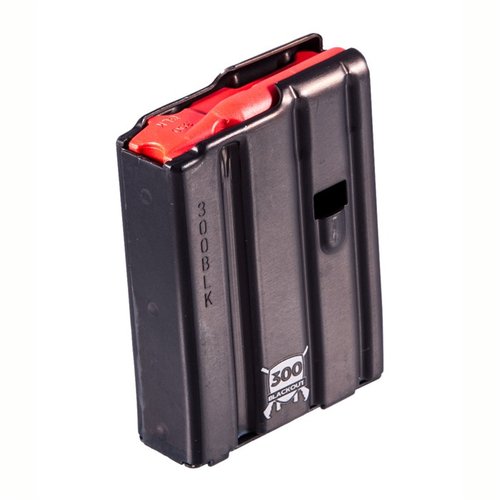 Découvre le chargeur AR-15 en 300 Blackout, en aluminium avec un suiveur rouge, disponible en 10, 20 et 30 coups pour une performance optimale.