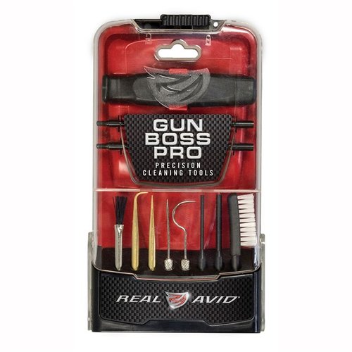 Les outils de nettoyage GUN BOSS PRO de REAL AVID sont conçus pour un nettoyage précis, avec des tiges en acier, brosses en nylon et grattoirs pour éliminer le carbone.