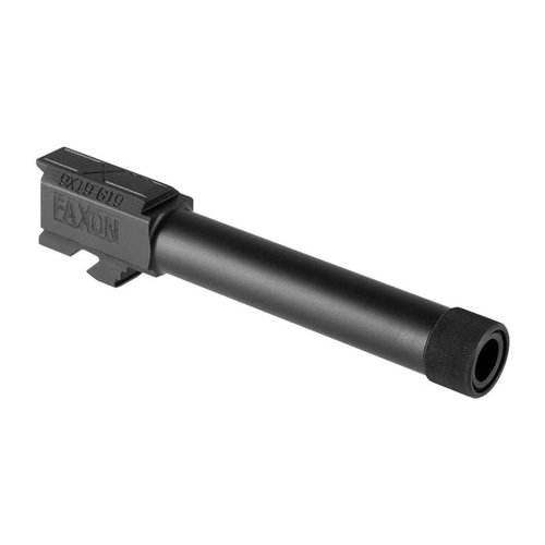 Il barile filettato Faxon per Glock® 19 offre una vestibilità precisa, finitura in Nitride nera, e compatibilità con proiettili 9mm, ideale per prestazioni superiori.