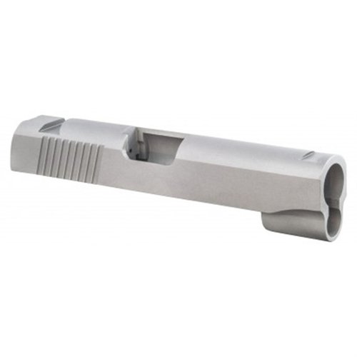 Le slide 1911 Commander de Fusion Firearms est usiné avec précision, compatible avec les calibres 45 ACP et 9mm, offrant des rainures de combat et des découpes pour viseurs.