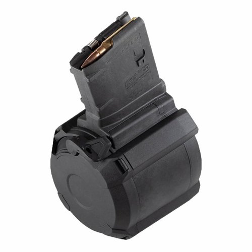 Le Magpul PMAG D-50 est un chargeur drum léger, durable et fiable de 50 cartouches .308, conçu pour un chargement facile et une grande capacité.