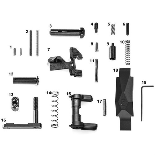 Améliore ton AR-15 avec le kit de pièces Geissele, incluant des composants en acier inoxydable et des améliorations comme le Maritime Bolt Catch et le Ultra Precision Trigger Guard.