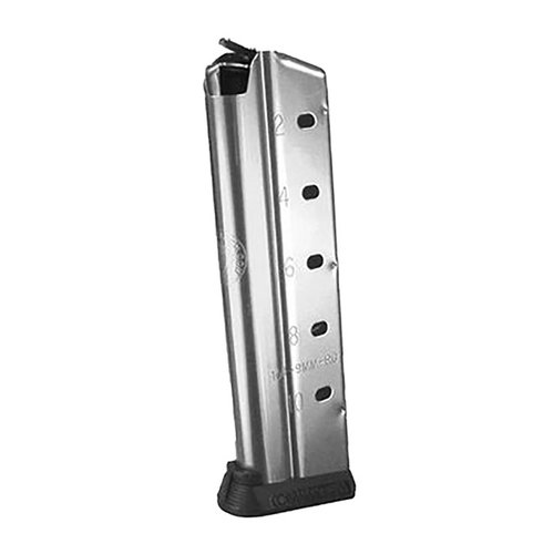 Das 1911 GOVERNMENT FULL SIZE MAGAZINE 9MM hat eine Kapazität von 10 Schuss, ist aus rostfreiem Stahl und sorgt für eine zuverlässige Zuführung deiner 9mm Patronen.