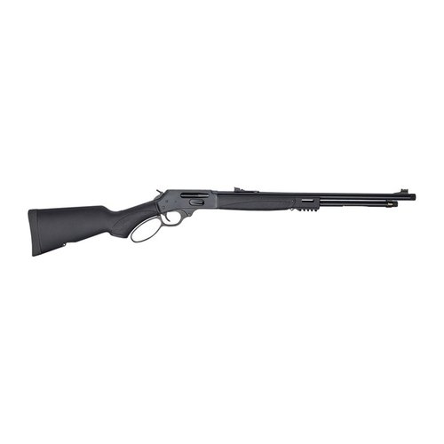 Il Henry X-Model 30-30 è un fucile blu con calciatura sintetica, canna filettata da 21,37" e mirini in fibra ottica, ideale per ogni sfida.
