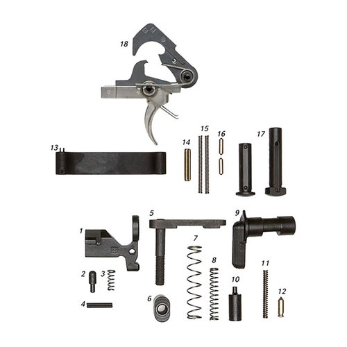 Ce kit complet de pièces inférieures AR-15 avec ACT Trigger inclut tout ce dont tu as besoin pour assembler ton lower, avec la possibilité d'acheter sans la poignée!