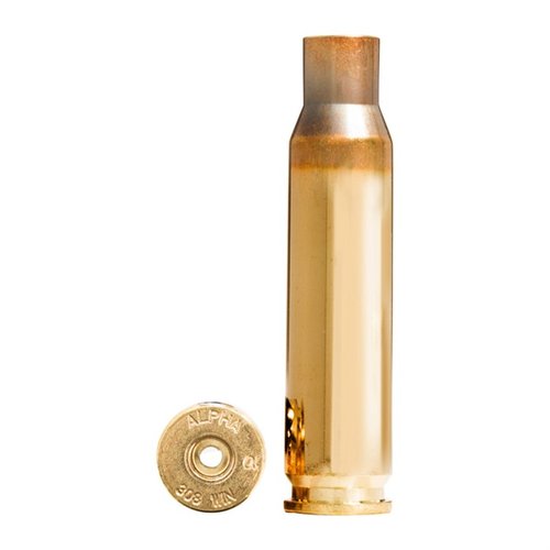 La cartuccia Alpha 308 Winchester offre una durata eccezionale grazie alla tecnologia OCD, disponibile con tasche per primer Large o Small e confezione protettiva.