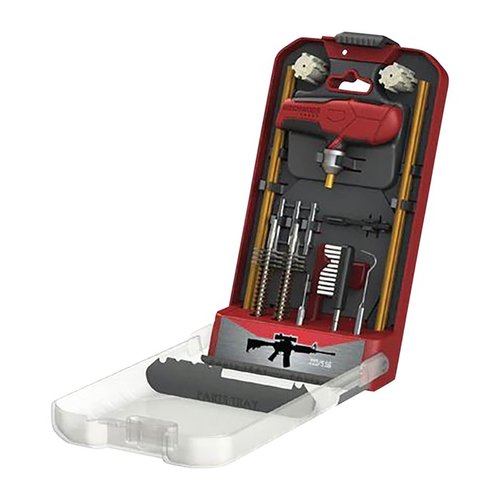 Le kit de nettoyage AR-15 de 18 pièces inclut un manche personnalisé avec un mandrin verrouillable et un étui innovant pour protéger et afficher tes outils.
