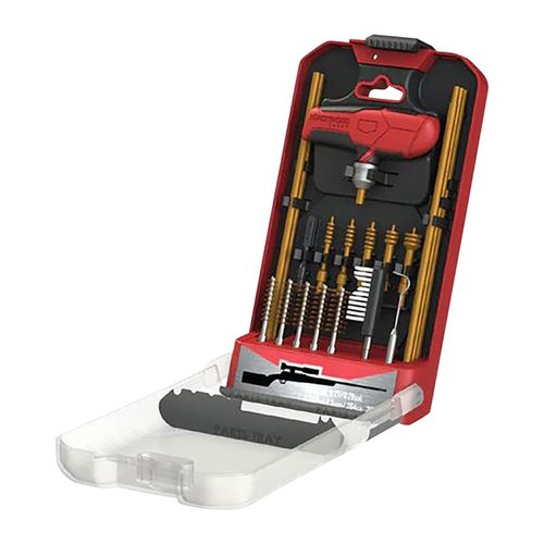 Kit di pulizia per fucile da 21 pezzi con manico unico e supporto per tenere gli strumenti a portata di mano, ideale per una manutenzione efficace.