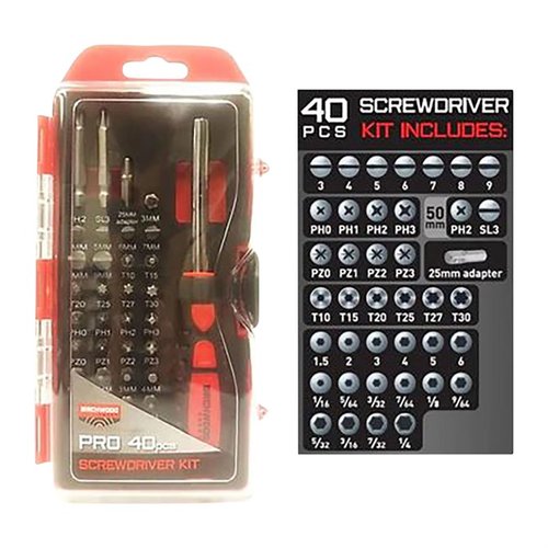 Il set di cacciaviti PRO da 40 pezzi include una vasta gamma di punte: Slotted, Philips, Pozidriv, Torx e Hex, ideale per ogni esigenza di riparazione.