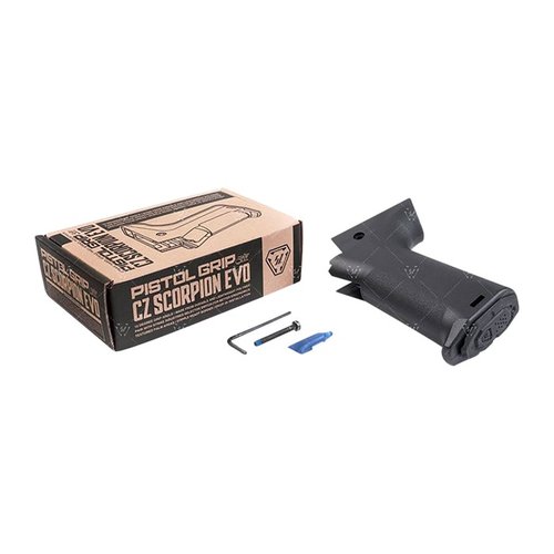 Der Strike Industries Pistol Grip für CZ Scorpion EVO bietet eine verbesserte Ergonomie, Textur für besseren Halt und Platz für Stippelarbeiten – ideal für DIY-Fans!