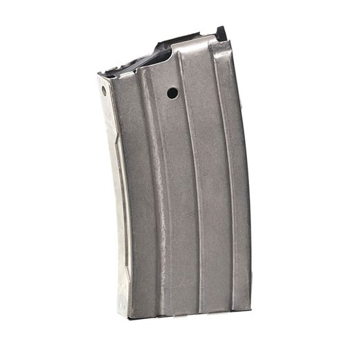 Il caricatore RUGER MINI-14® da 20 colpi in acciaio nickelato offre robustezza e affidabilità per fucili .223, con una costruzione in acciaio trattato termicamente.