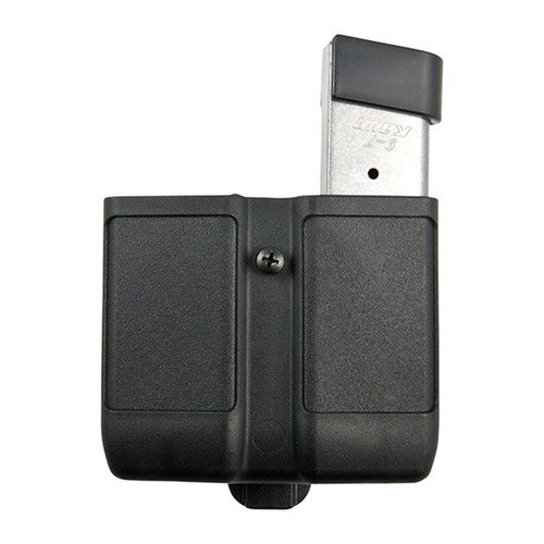 Le Blackhawk Double Mag Case maintient en sécurité deux chargeurs simple stack grâce à son ressort de tension intégré et s'adapte à différentes ceintures.