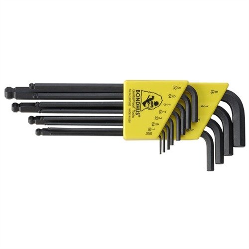 Die BALL-HEX "L" WRENCHES von BONDHUS ermöglichen Arbeiten in Winkeln bis zu 25°, ideal für enge Stellen. Mit 12 Zoll- und 9 metrischen Grössen bist du bestens ausgestattet.