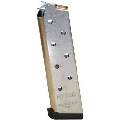 Die 1911 8RD .45 ACP POWER MAGAZINE bietet zuverlässige Leistung, robuste Bauweise und eine zusätzliche Runde für deine Selbstverteidigung oder Wettkampf.