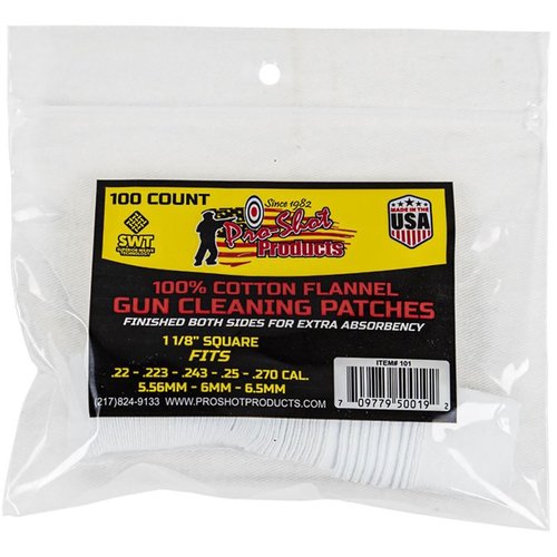 .22-.270 CAL. 100CT. PATCHES di PRO SHOT PRODUCTS, INC offrono una pulizia efficace e precisa per armi da fuoco, garantendo prestazioni ottimali e durata.