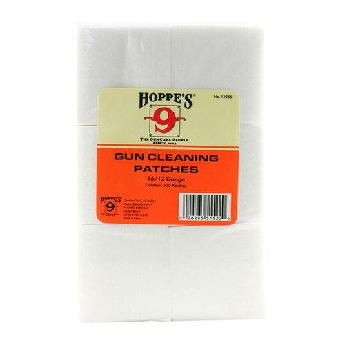Les Hoppes Patches 16/12ga sont parfaits pour un nettoyage efficace de ton arme, avec 300 pièces en coton pour une absorption optimale et un entretien facile.