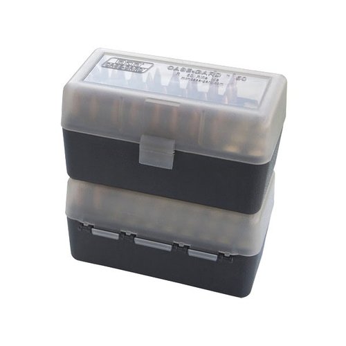 La boîte à munitions 50rd Flip-Top 223 204 Ruger 6x47 Clear/Smoke est idéale pour organiser tes munitions, avec un couvercle pratique et un design résistant.
