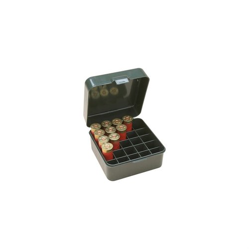 La scatola MTM per cartucce da 25 round con coperchio flip-top è ideale per 12 e 20 gauge fino a 3 pollici, garantendo praticità e protezione per le tue munizioni.