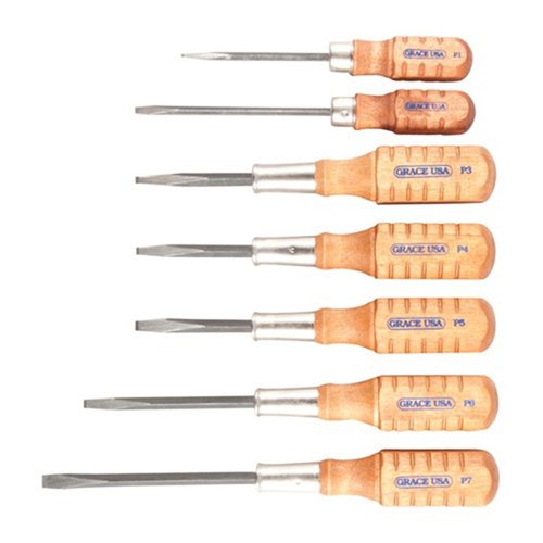 Il set di cacciaviti Pistolsmith di GRACE USA include 7 cacciaviti pre-misurati, ideali per viti di pistole Colt, S&W e Ruger®, con manico in legno e punte indurite.
