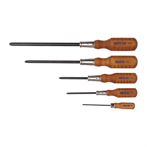 Il set di cacciaviti Phillips Grace USA offre punte in acciaio legato, manici in legno ergonomici e finitura nera, garantendo precisione e durata per i gunsmith.