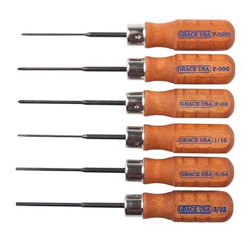 Il set di cacciaviti micro Grace USA offre 6 cacciaviti di precisione in acciaio al cromo-vanadio, con manico in legno, ideali per lavori di gunsmithing.