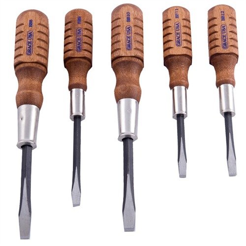 Set di cacciaviti Browning con punte parallele pre-misurate, manico in legno e punte indurite, ideale per applicazioni specifiche su armi da fuoco.