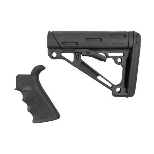 Il kit Hogue offre una presa in gomma con scanalature per le dita e un calciolo collassabile, garantendo comfort e stabilità per fucili tattici.