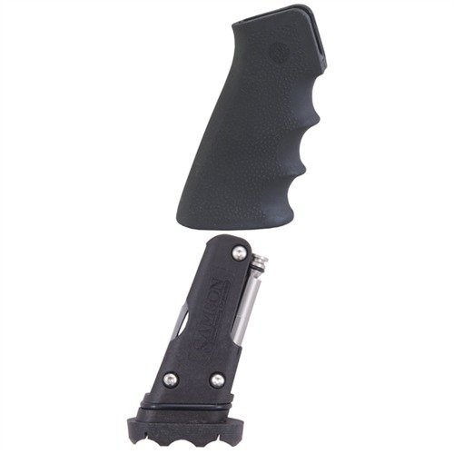 Strumento multiuso compatto per riparazioni rapide dell'AR-15/M16, con attrezzi essenziali e impugnatura Hogue per comfort e controllo ottimali.