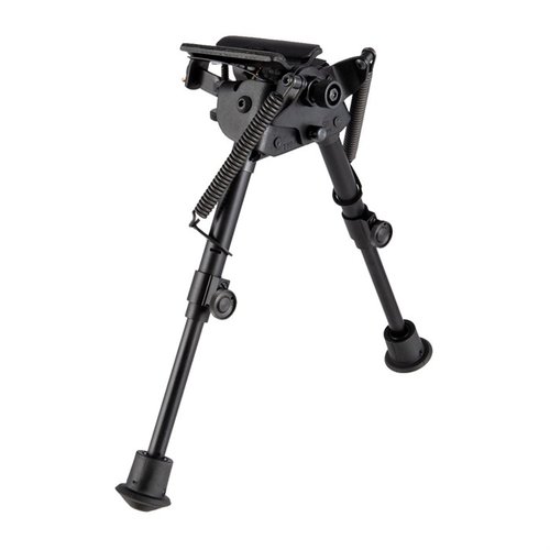 Il bipode Harris BR 6-9" offre un meccanismo di auto-livellamento, altezza regolabile, base S-Series e piedi in gomma per stabilità su terreni irregolari.