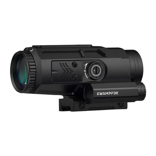 Le Saber 5x offre un champ de vision de 10°, un poids léger, des montages ambidextres pour une transition rapide entre 1x et 5x, et une illumination rouge ou verte.