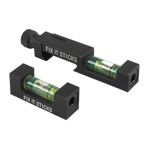 Niveau tes optiques avec le BUBBLE LEVEL SET de FIX IT STICKS, comprenant un niveau magnétique, un niveau NATO/Pic rail et un étui de protection en mousse.