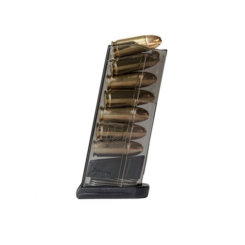 Les chargeurs en polymère translucide pour Glock 43 d'ETS te permettent de voir rapidement s'ils sont chargés, avec une construction légère et une grande fiabilité.