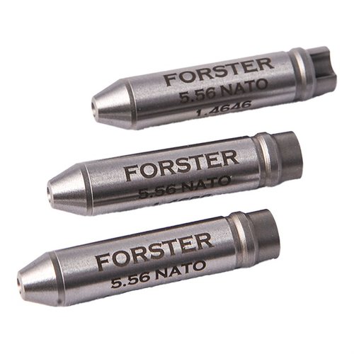 Avec le kit de jauges de tête 5.56 Armorers de Forster, tu obtiens des jauges Go, midrange et max field, faciles à utiliser sans démonter le boulon.