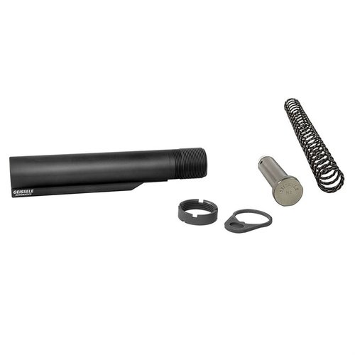 Il buffer tube Geissele Premium Mil-Spec in alluminio 7075-T6 offre 6 posizioni, mentre la molla Super 42 migliora affidabilità e riduce il rumore.