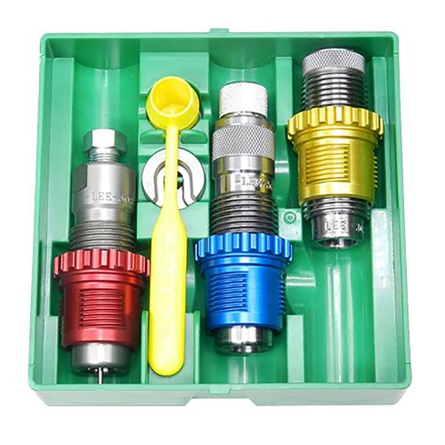 Le set de 3 dies Breech Lock .308 Winchester de Lee te permet de recharger facilement avec des bushings colorés, un die de mise à longueur et un die de crimp.