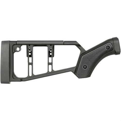 Il calcio per Mossberg 590 offre compatibilità, regolabilità, design ambidestro e riduzione del rinculo, tutto in un'unità leggera e resistente.