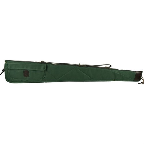 Le Bob Allen Canvas Shotgun Case est fait en toile résistante, avec une doublure en flanelle, une protection en cuir au bout et une poche d'accessoires pratique.